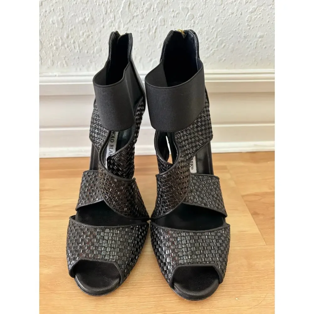 MANOLO BLAHNIK Black Patent Leather Woven Terreo High Heel Sandals $995 EU 39 - Picture 12 of 12